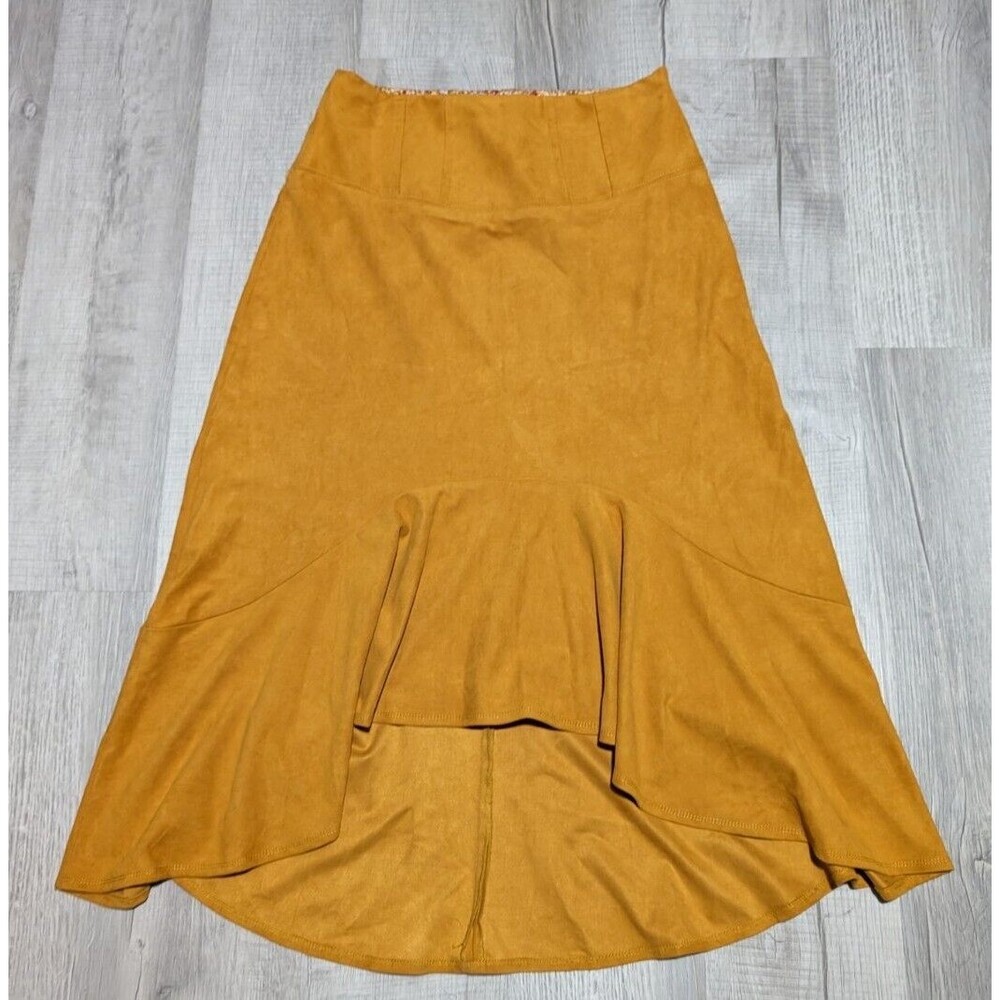 Anthropologie Maeve Cosima Flounced Midi Skirt Golden Yellow Faux Suede Size 10